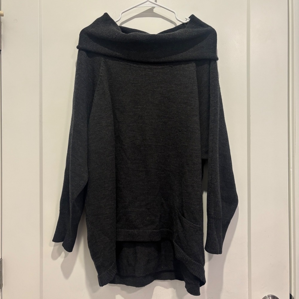 Eileen Fisher 100% Merino Wool Cowl Neck Tunic Sweater Charcoal Gray Medium
